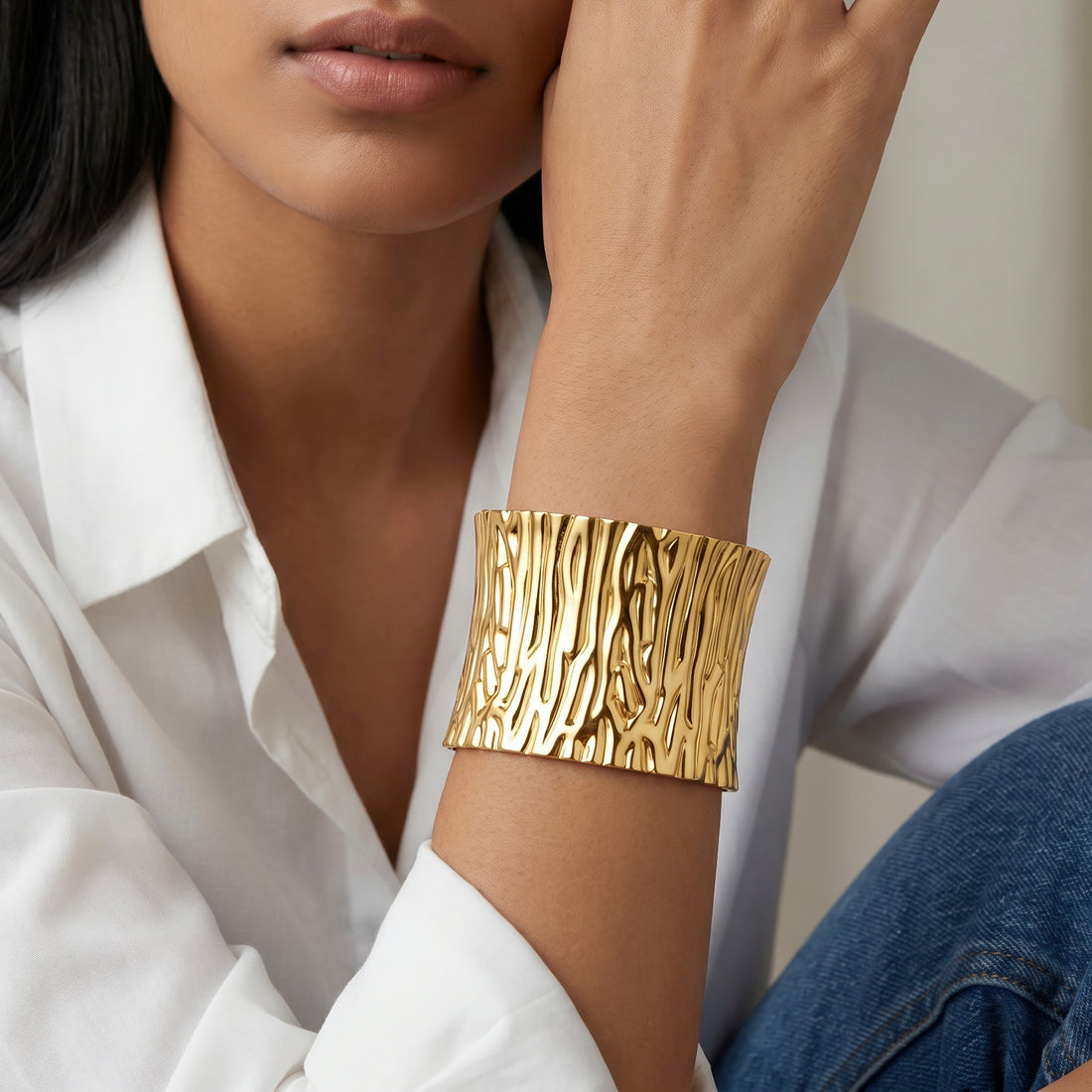 PRAO Bracelet Anti-Tarnish Organic Tree Bark Textured Cuff (Adjustable Size)