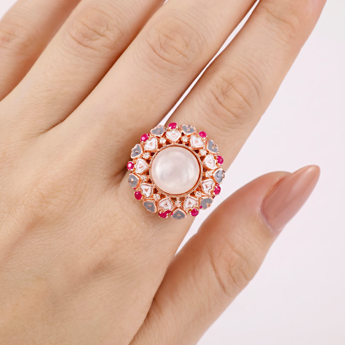 PRAO Ring Anti-Tarnish Statement With Pearl And Enamel Hearts (Adjustable Size)