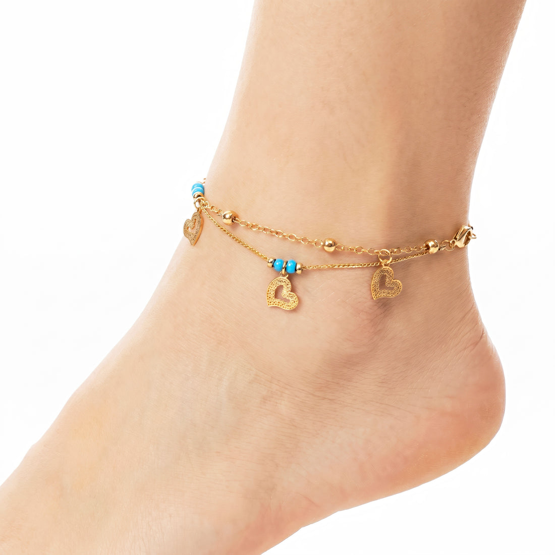 PRAO Anklet Anti-Tarnish Multi-Strand With Heart Charms And Turquoise Beads