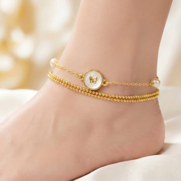 PRAO Anklet Anti-Tarnish Pearl & Butterfly Triple-Strand Chain
