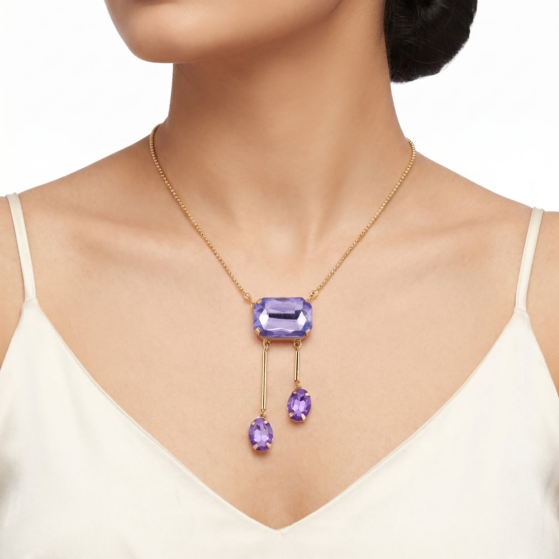 PRAO Necklace Anti-Tarnish Rectangle Purple Crystal Pendant