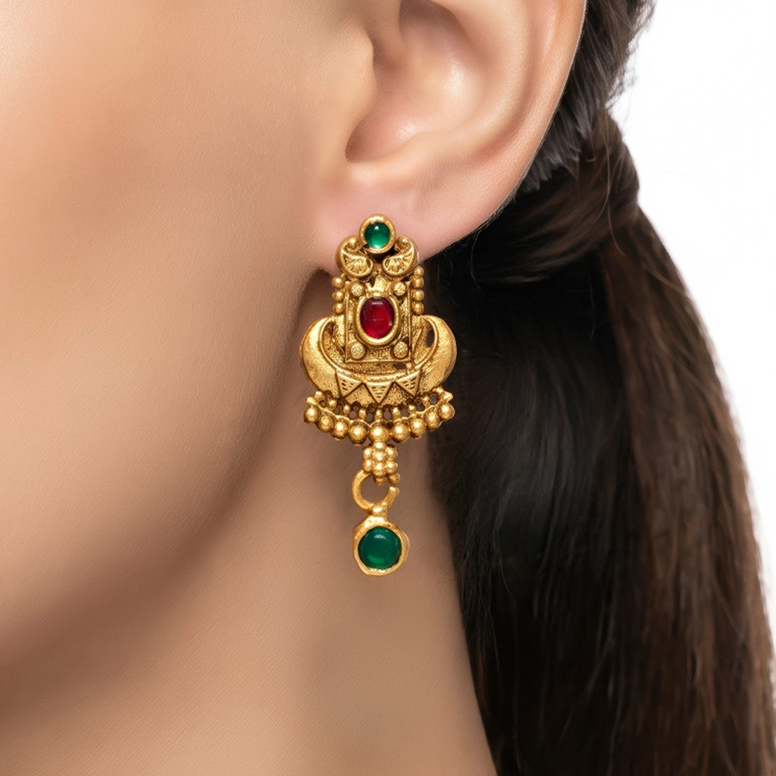 PRAO Earrings Anti-Tarnish Antique Finish Dangles With Red And Green Stones