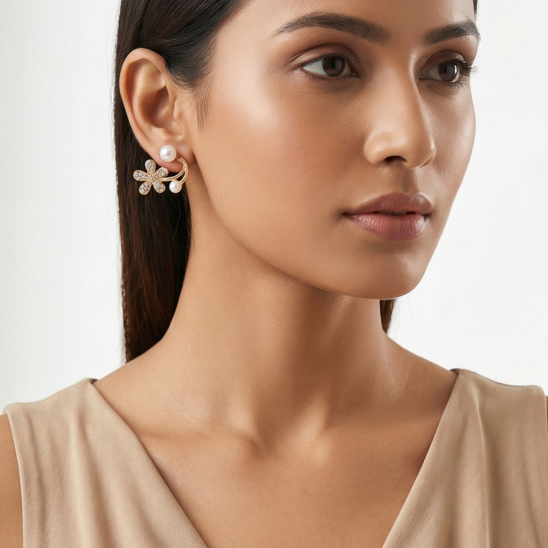 PRAO Earrings Anti-Tarnish Floral Faux Pearl Crystal Stud