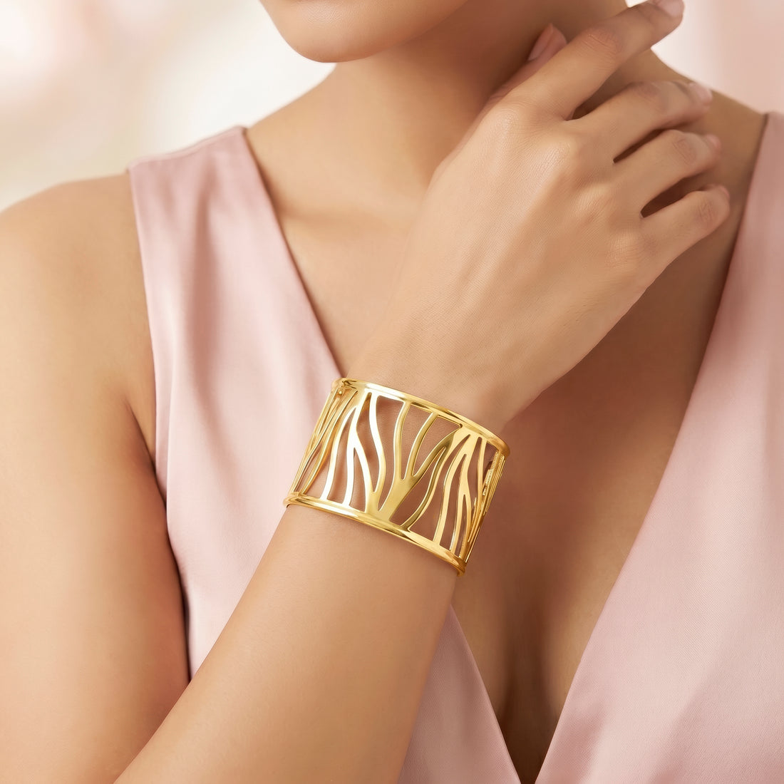 PRAO Bracelet Anti-Tarnish Coral Branch Wide Cuff (Adjustable Size)
