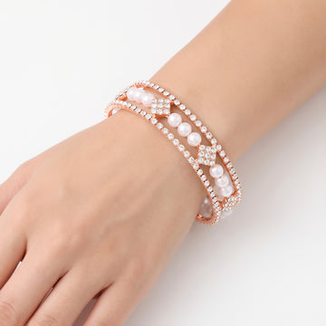 PRAO Bracelet Anti-Tarnish Three-Row Crystal And Faux Pearl Bangle (Adjustable Size)