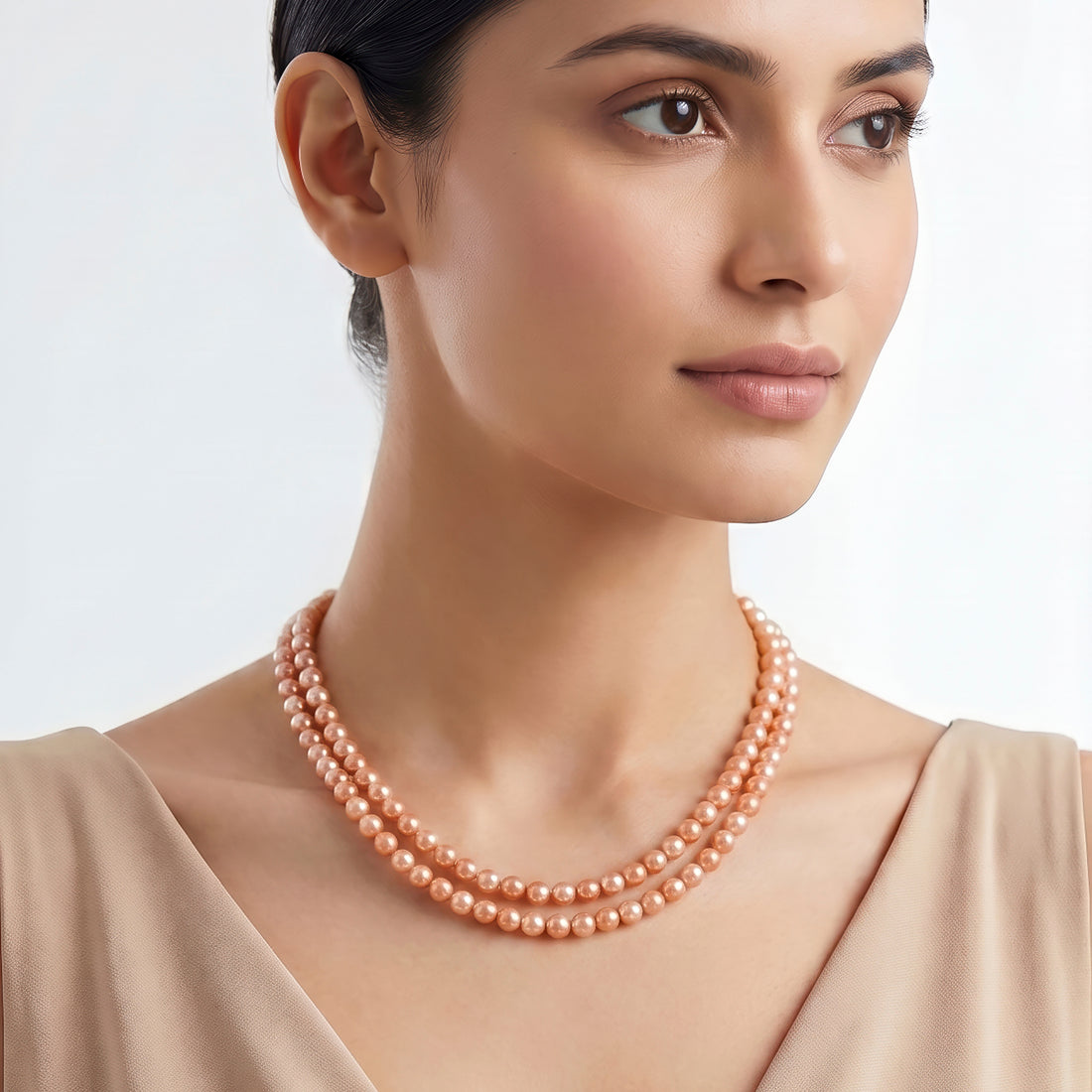 PRAO Necklace Anti-Tarnish Double-Line Brown Pearl