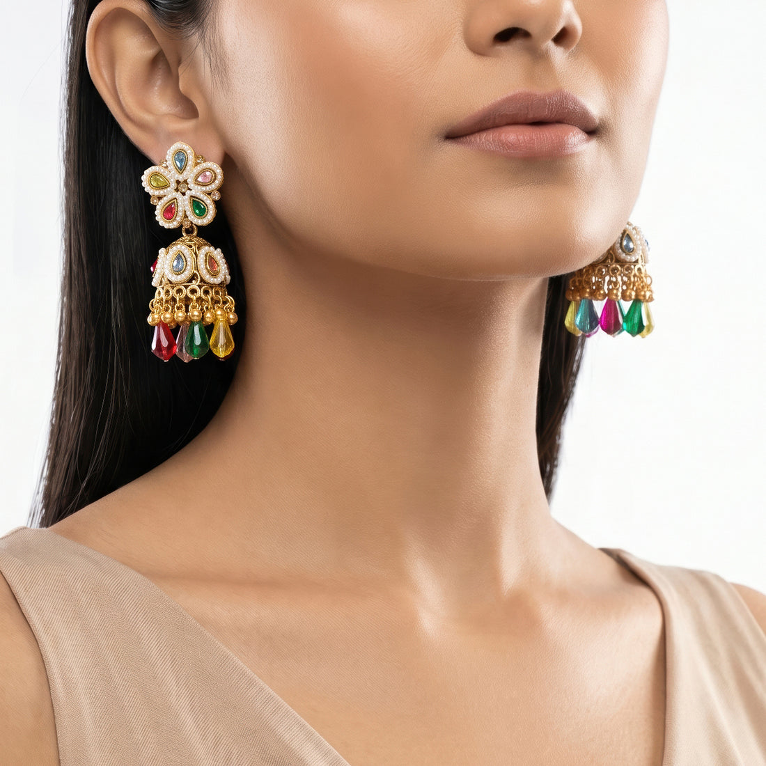 PRAO Earrings Anti-Tarnish Multi-Color Kundan Jhumka