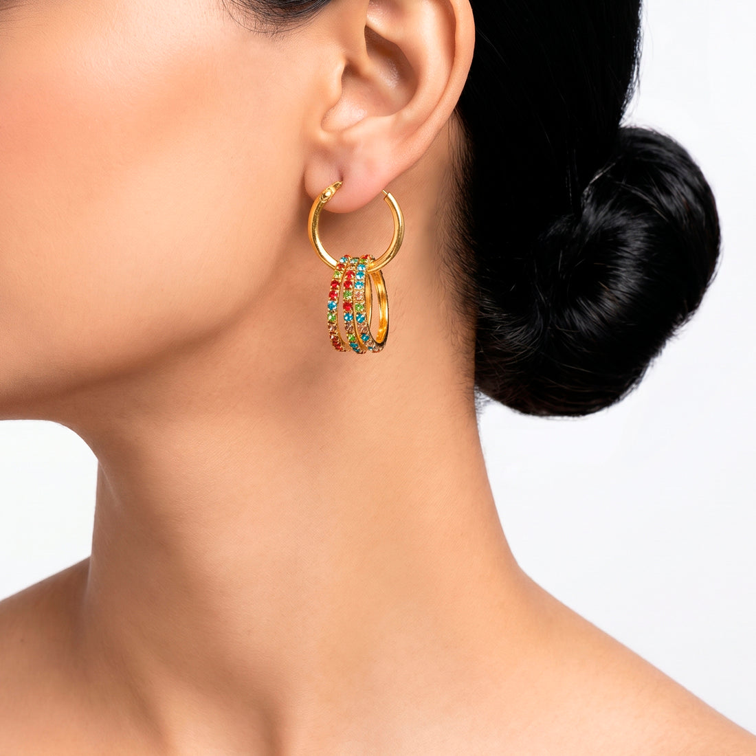 PRAO Earrings Anti-Tarnish Multicolored Crystal Hoops