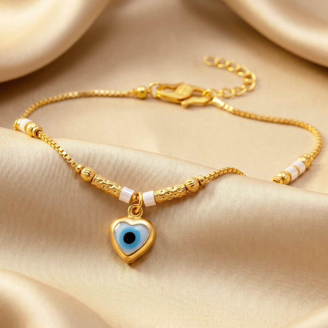PRAO Bracelet Anti-Tarnish Gold Plated White Beads Chain With Evil Eye Charm (Adjustable Size)