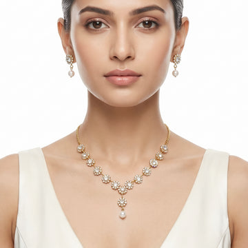 PRAO Necklace Anti-Tarnish Floral Crystal Pearl Statement Set With Earrings