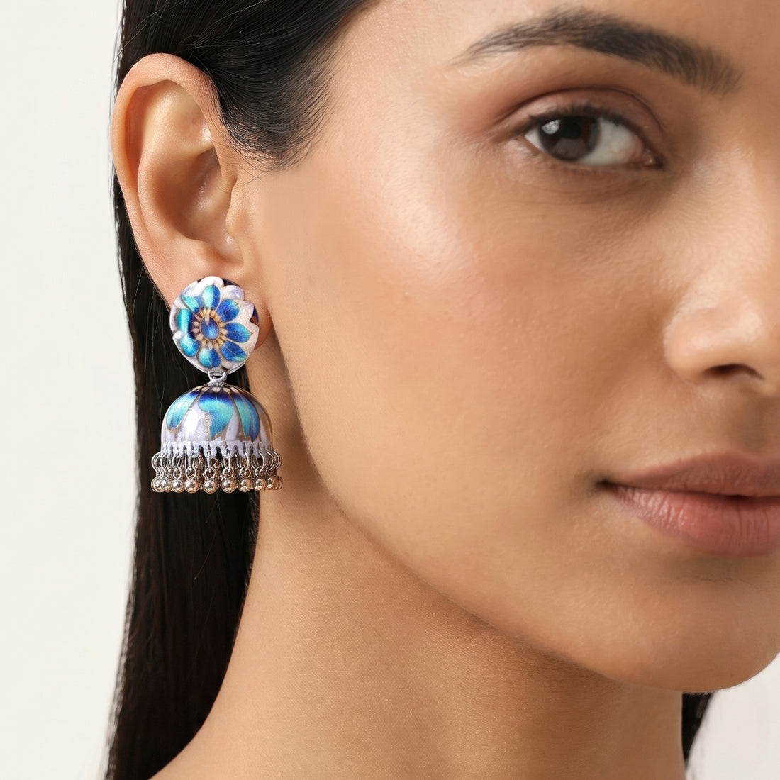 PRAO Earrings Anti-Tarnish Aqua Blue Multi-Color Floral Printed Jhumki