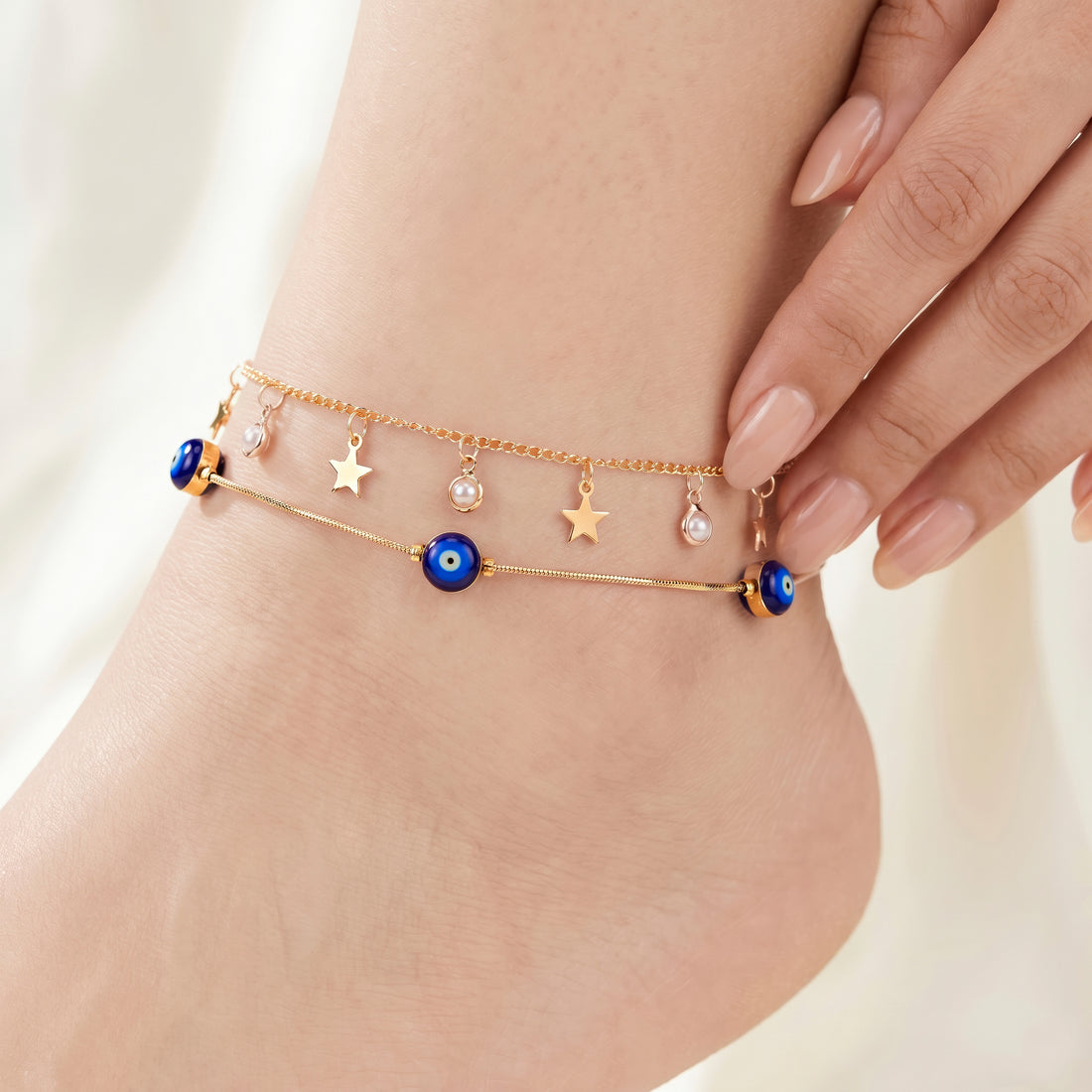 PRAO Anklet Anti-Tarnish Multi-Layered With Evil Eye Charms, Stars And Pearls