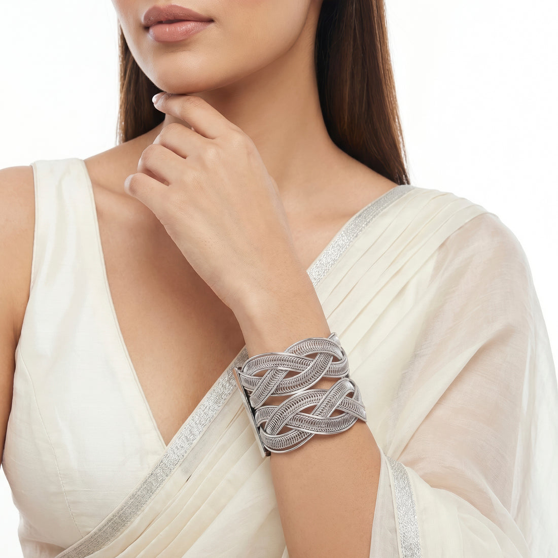 PRAO Bracelet Anti-Tarnish Wide Cuff With Braided Pattern (Adjustable Size)