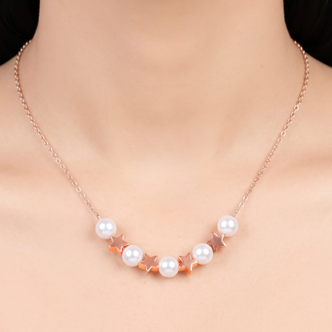 PRAO Necklace Anti-Tarnish Delicate Chain With Alternating Faux Pearls And Star Charms