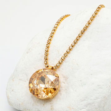 PRAO Necklace Anti-Tarnish Oversized Round Champagne Crystal Pendant