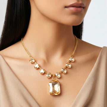 PRAO Necklace Anti-Tarnish Spacer Oval Crystal With Rectangle Crystal Pendant