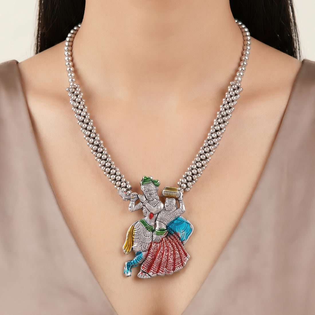 PRAO Necklace Anti-Tarnish Radha Krishna Oxidized Set With Earrings