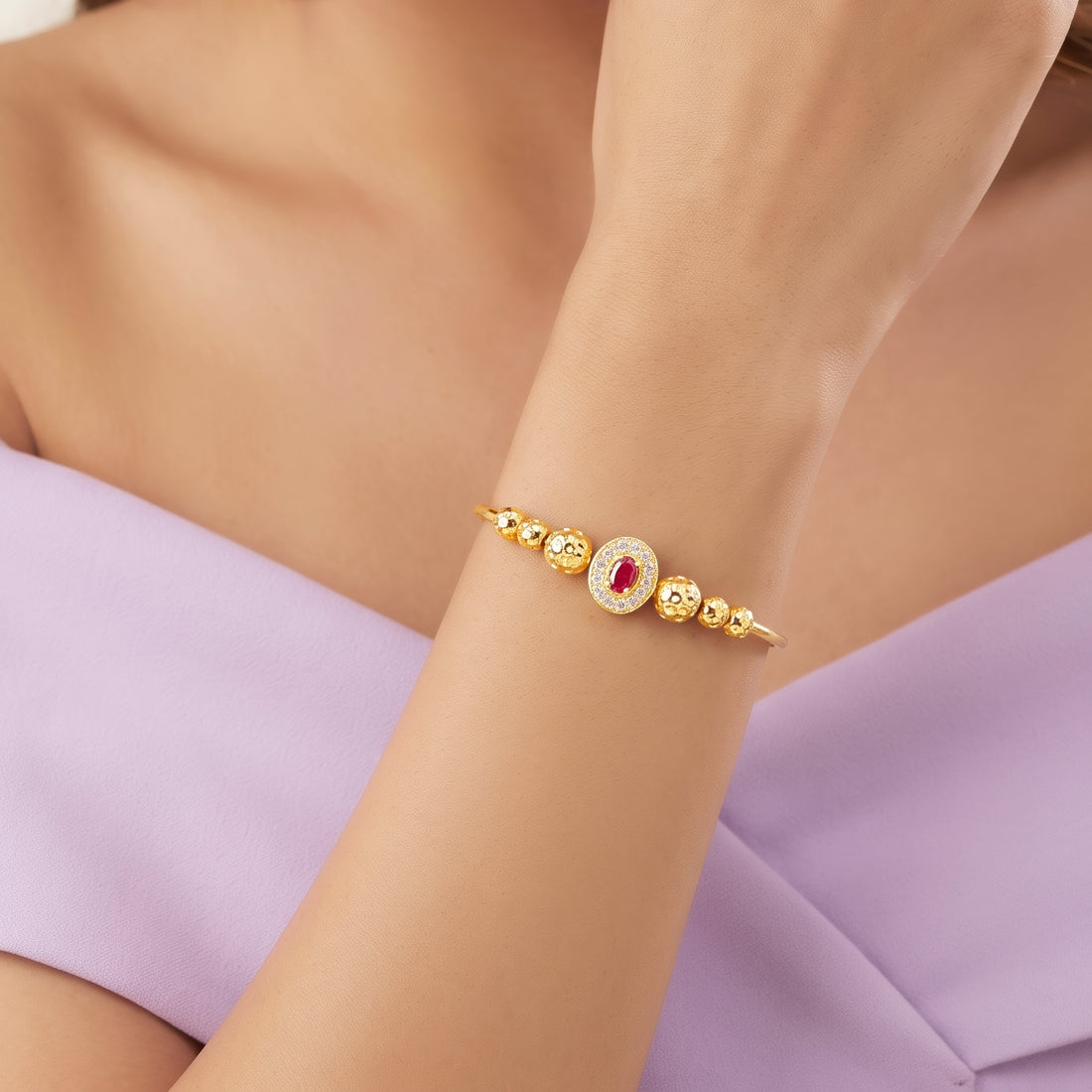 PRAO Bracelet Anti-Tarnish Oval Ruby And Crystal Bangle With Textured Beads (Adjustable Size)