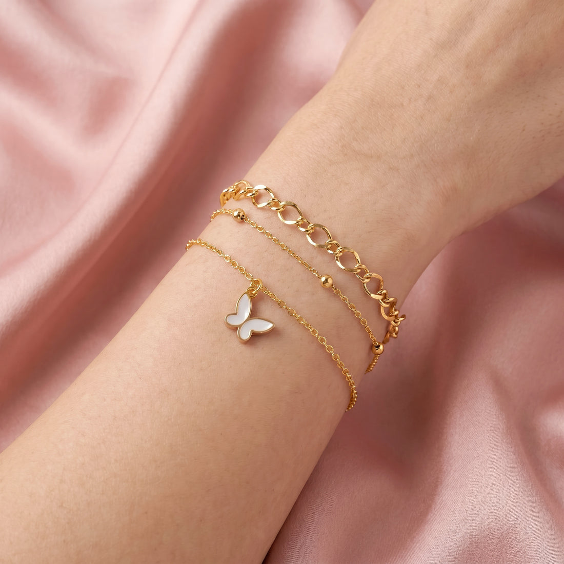 PRAO 3 Bracelet Anti-Tarnish Butterfly, Bead Chain, And Link Design (Adjustable Size)