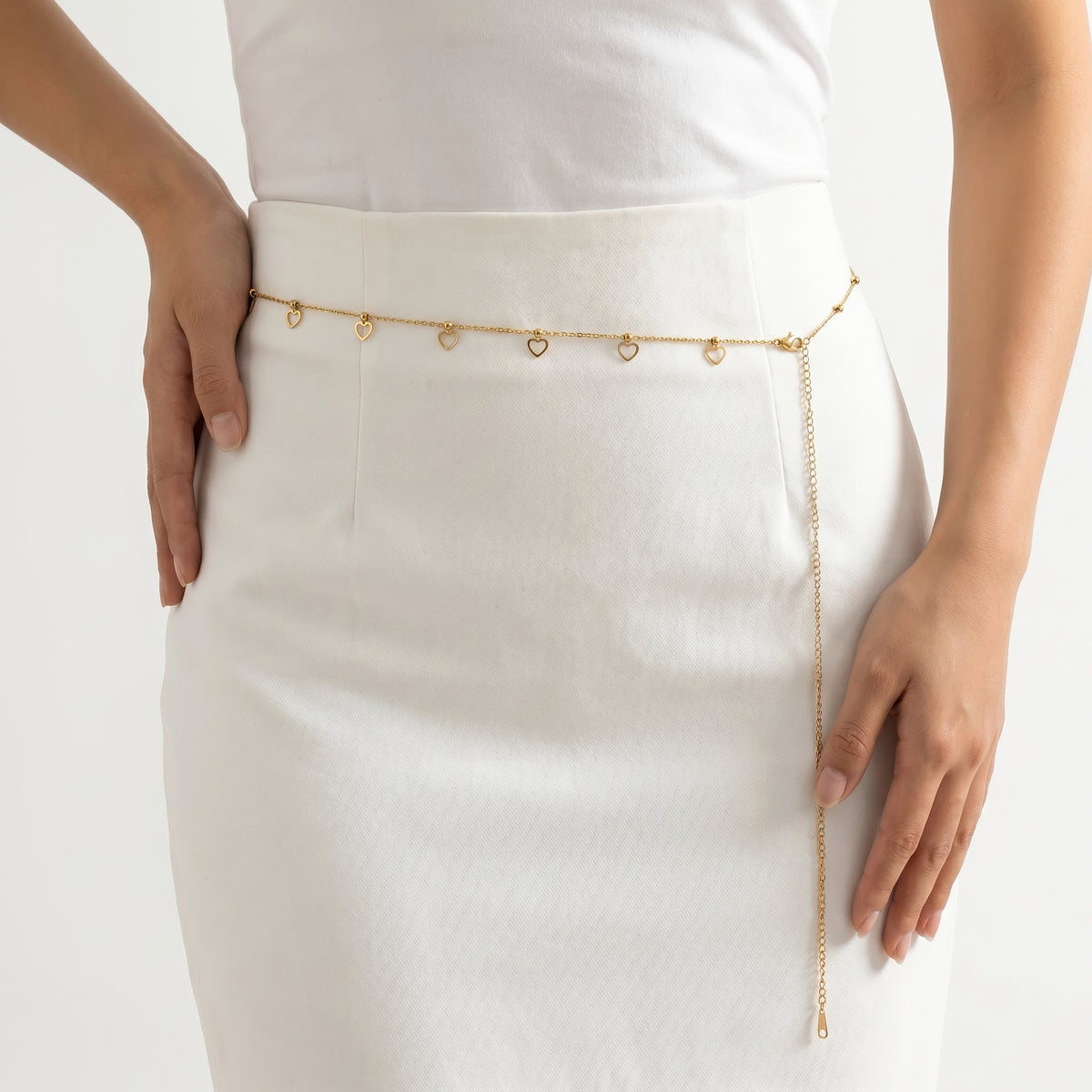 Gold and White Rose Charm Chain Waist Belt Fleur de Camélia Leather Charm Chain Belt – Gold White  main image 3