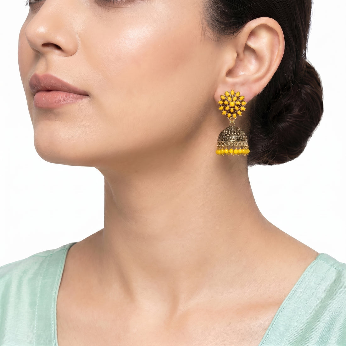 PRAO Earrings Anti-Tarnish Floral Stud Beaded Jhumka