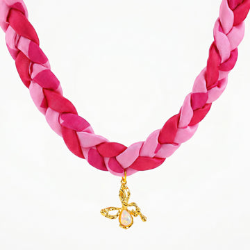 PRAO Necklace Anti-Tarnish Braided Pink And Red Fabric With Butterfly Pendant And Central Gemstone