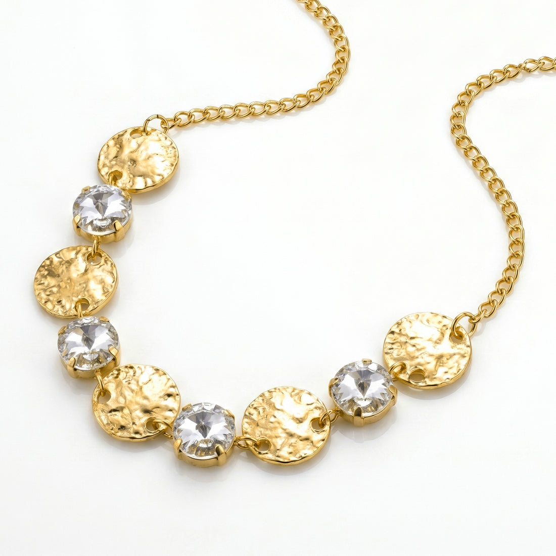 PRAO Necklace Anti-Tarnish Hammered Golden Coins Statement Set With White Crystals
