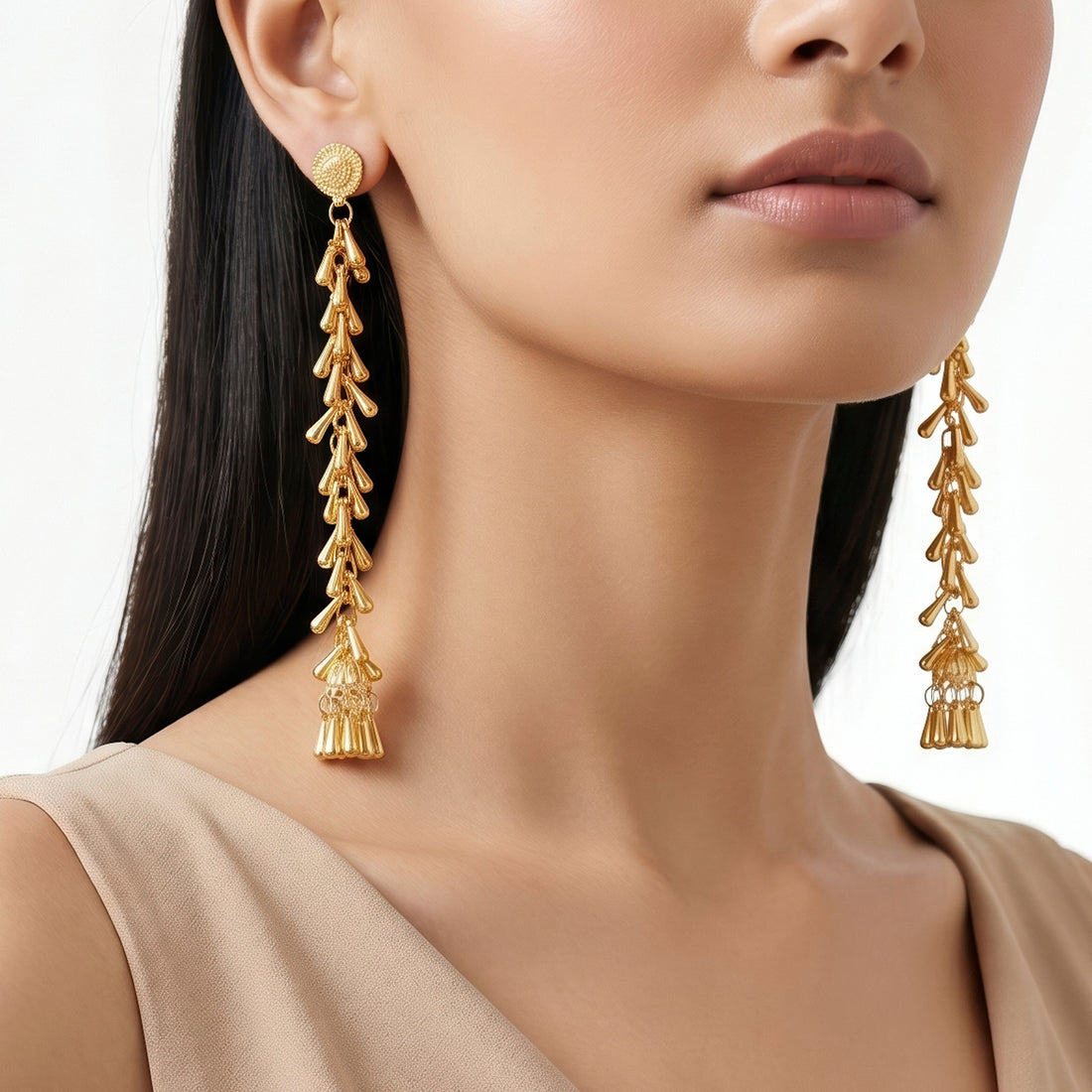 PRAO Earrings Anti-Tarnish Extra Long Tassel Drop With Jhumka Base