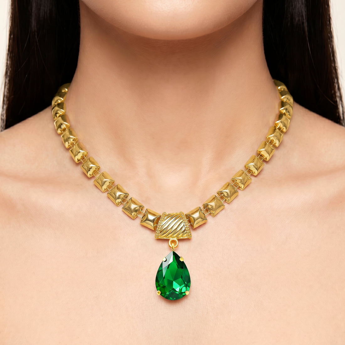 PRAO Necklace Anti-Tarnish Square Fancy Chain Necklace With Big Crystal
