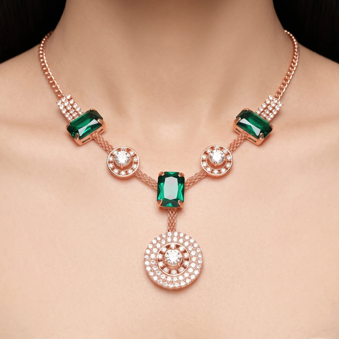 PRAO Necklace Anti-Tarnish Emerald Stone Chain Set With Earrings