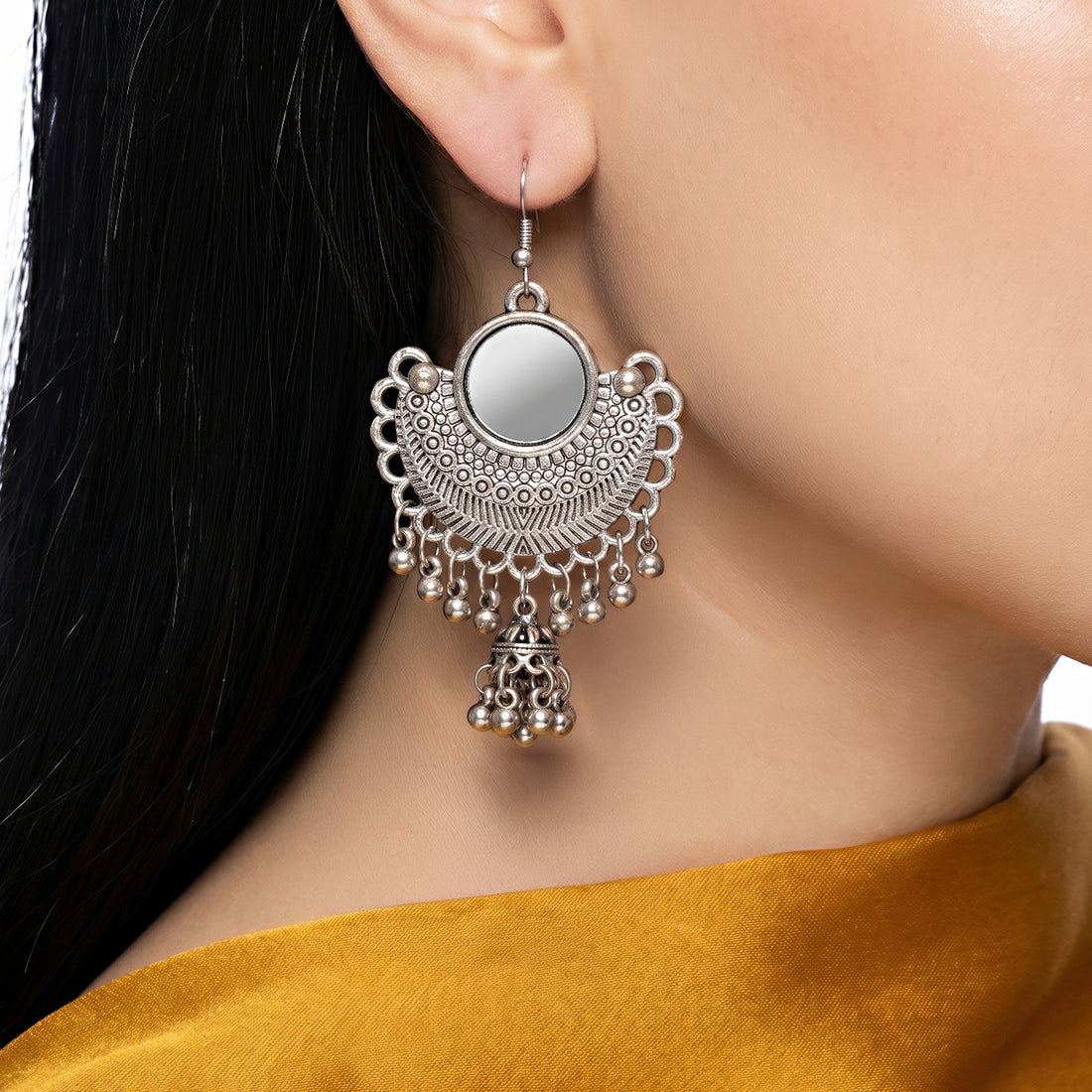 PRAO Earrings Anti-Tarnish Oxidized Crescent Mirror-Work And Maang Tikka Set