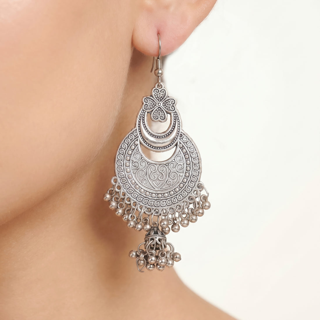 PRAO Earrings Anti-Tarnish Oxidized Floral Crescent And Maang Tikka Set