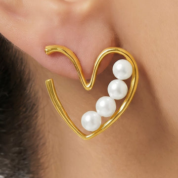 PRAO Earrings Anti-Tarnish Abstract Heart with Faux Pearl