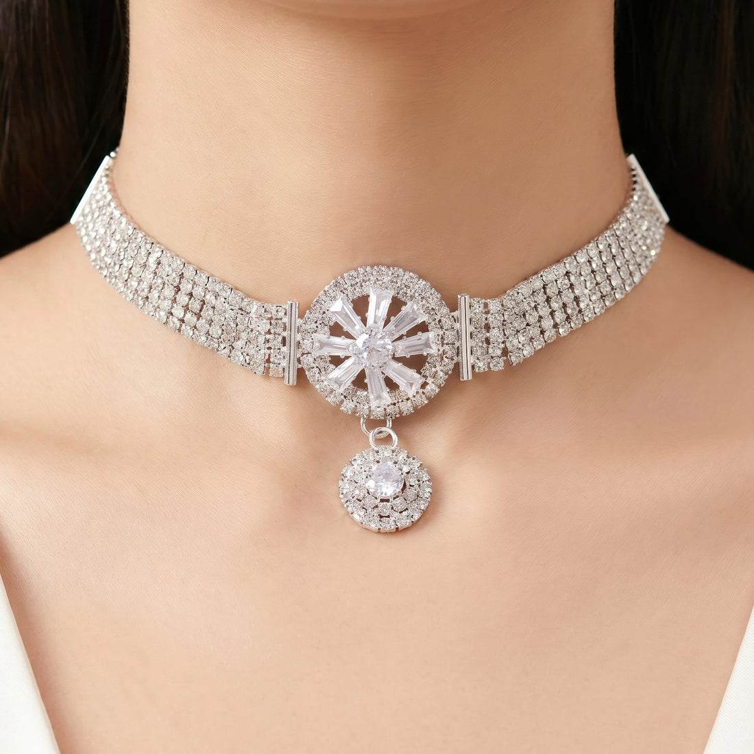 PRAO Necklace Anti-Tarnish Crystal Starburst Choker Set With Earrings