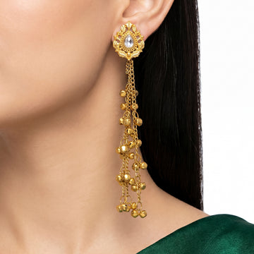 PRAO Earrings Anti-Tarnish Extra-Long Kashmiri Leafy Crystal Tops