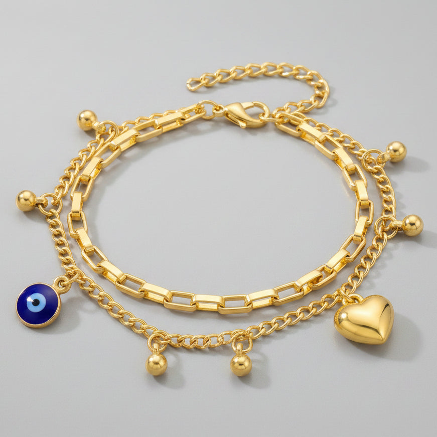 PRAO Bracelet Anti-Tarnish Layered Golden Heart Charms (Adjustable Size)