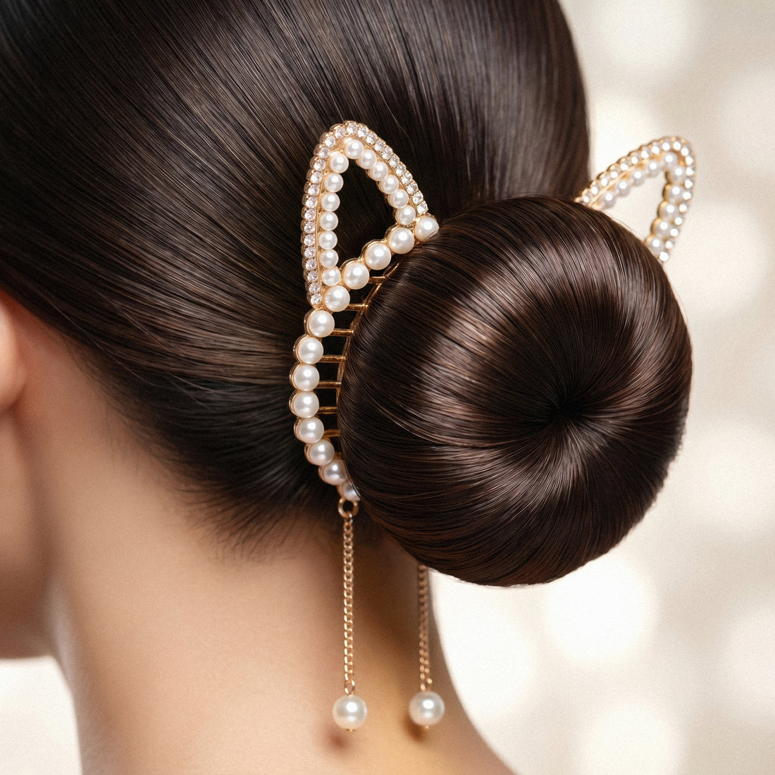 Prao Hair Claw Clip Anti-Tarnish Pearl Tassel Cat-Ear Bun
