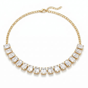 PRAO Necklace Anti-Tarnish White Emerald-Cut Crystal Single-Line