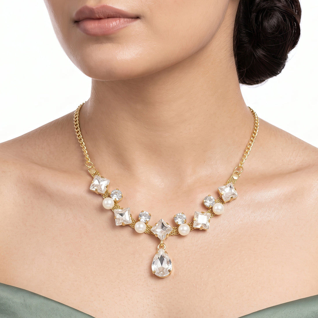 PRAO Necklace Anti-Tarnish Crystal Pearl Statement