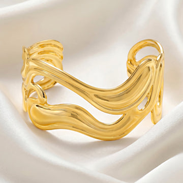 PRAO Bracelet Anti-Tarnish Sculptural Wave Cuff (Adjustable Size)