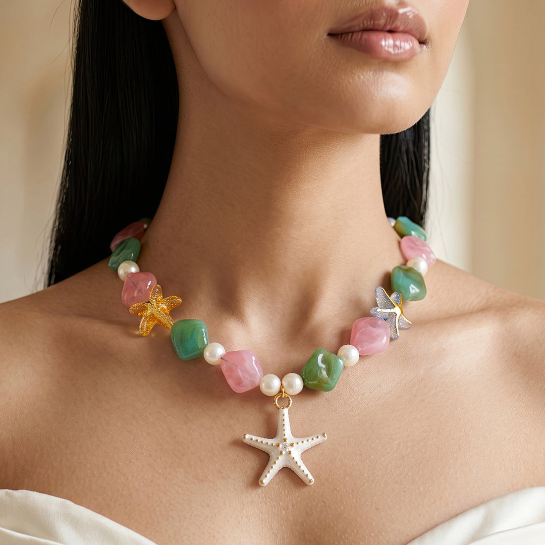 PRAO Necklace Anti-Tarnish Starfish Pearl Cord
