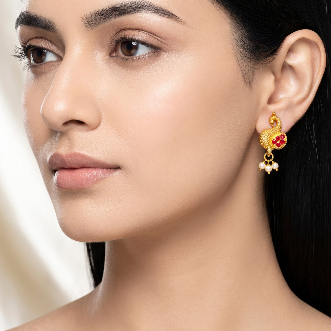 PRAO Earrings Anti-Tarnish Textured Peacock Studs With Pearl Dangles And Red Stone Accents