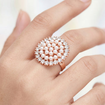 PRAO Ring Anti-Tarnish Pearl Cluster Halo (Adjustable Size)