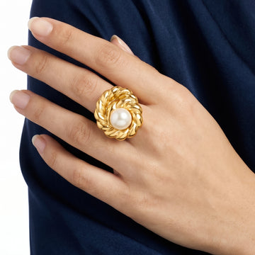 PRAO Ring Anti-Tarnish Ring Twisted Rope Pearl Statement (Adjustable Size)