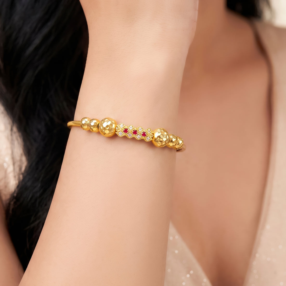 PRAO Bracelet Anti-Tarnish Ruby And Crystal Lattice Bar Bangle With Textured Beads (Adjustable Size)