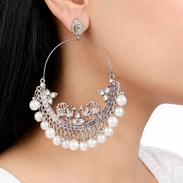 PRAO Earrings Anti-Tarnish Ornate Hoops Crescent Peacock Crystal Pearls