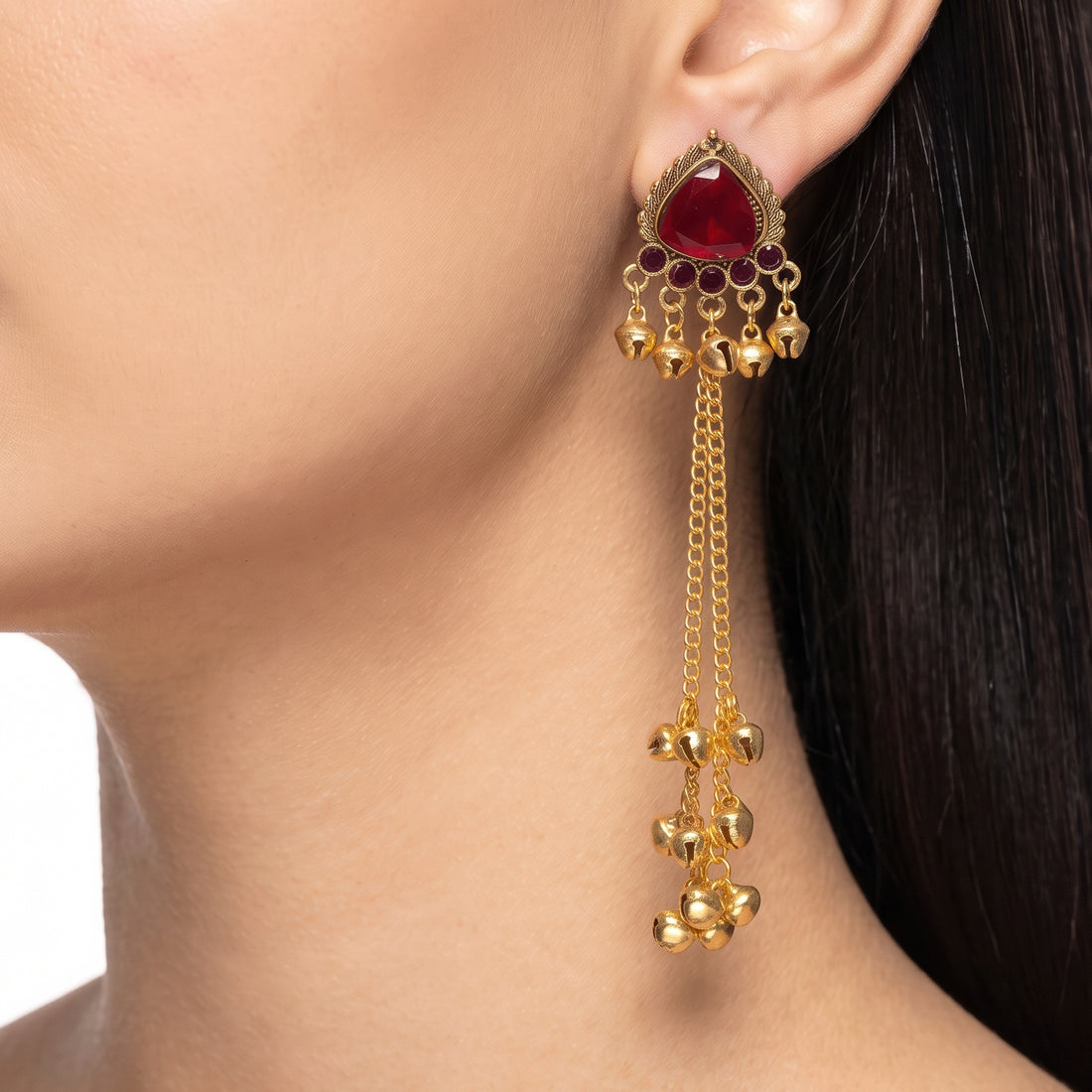 PRAO Earrings Anti-Tarnish Triangle Red Crystal Dangles With Bell And Tiered Chain Accents