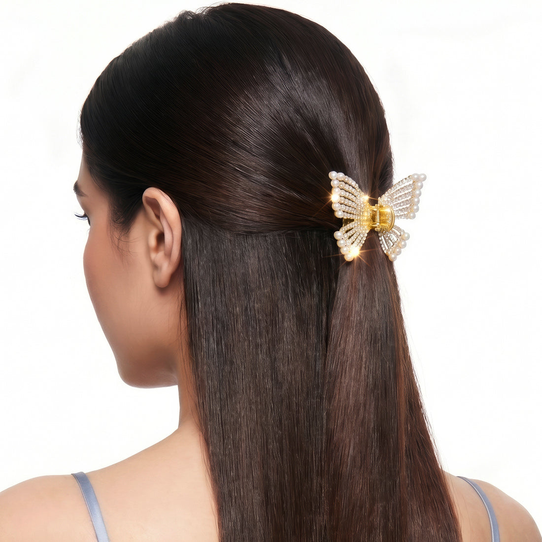 PRAO Hair Claw Clip Anti-Tarnish Butterfly Rhinestone Pearl Design