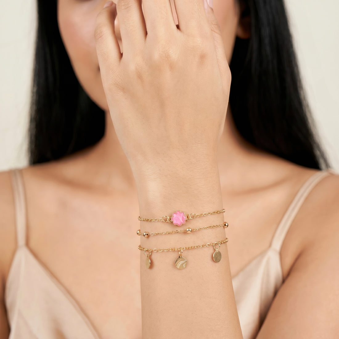 PRAO 3 Bracelet Anti-Tarnish Three-Piece Set With Bead, Floral, And Disc Charms. (Adjustable Size)