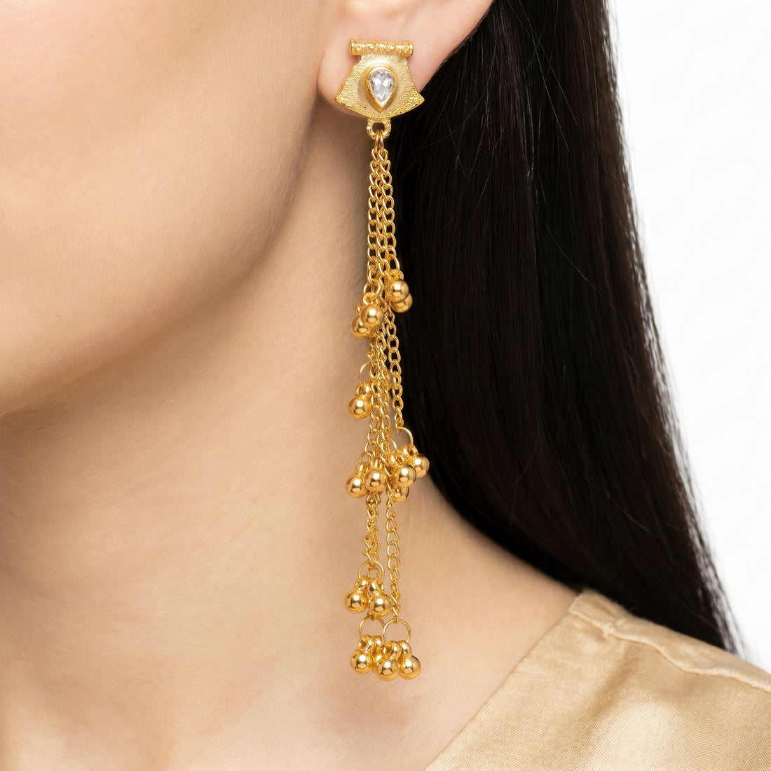 PRAO Earrings Anti-Tarnish Extra-Long Kashmiri Teardrop Crystal Tops